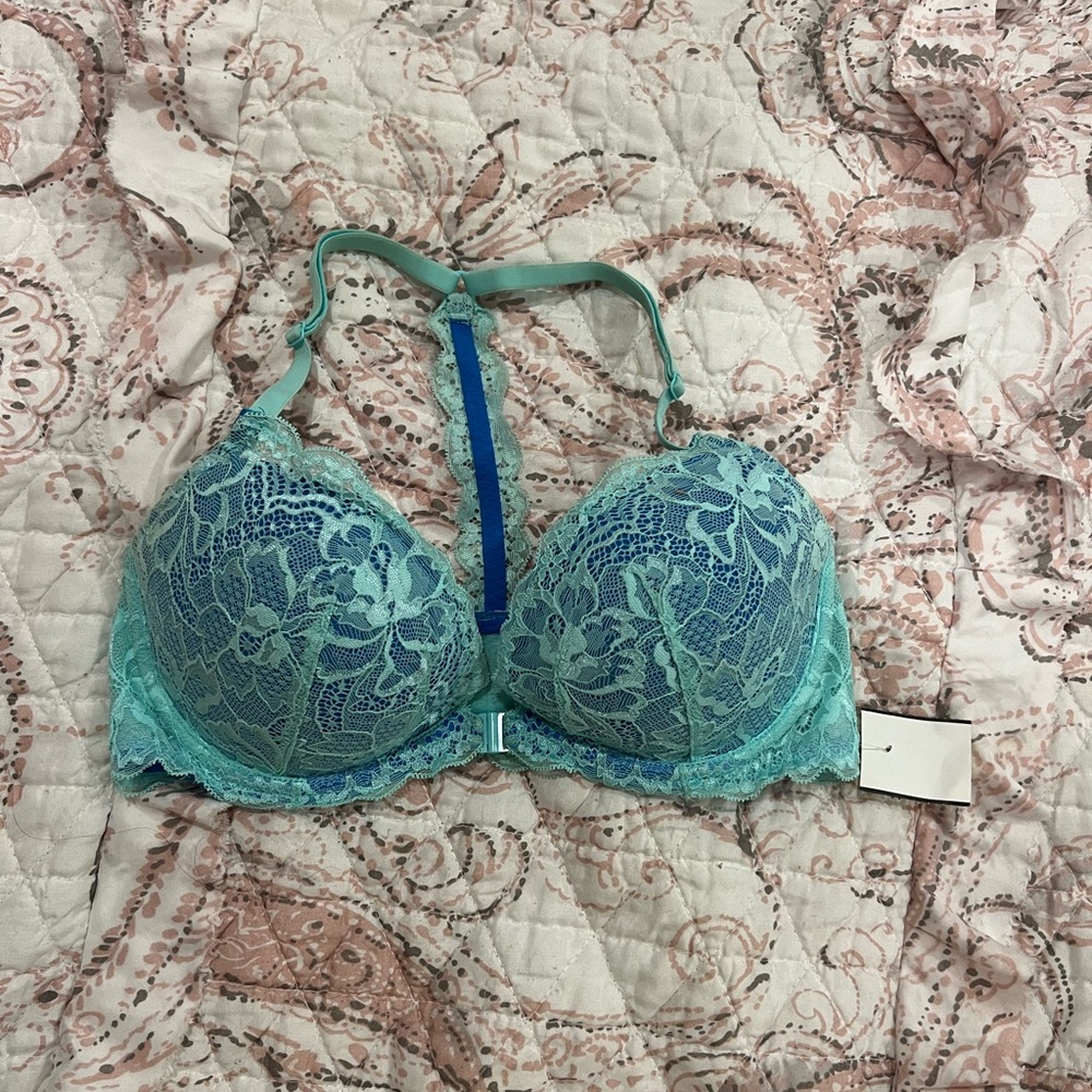 PINK Victoria's Secret Aqua Lace front close Push-Up Bra with Blue Accents EUC